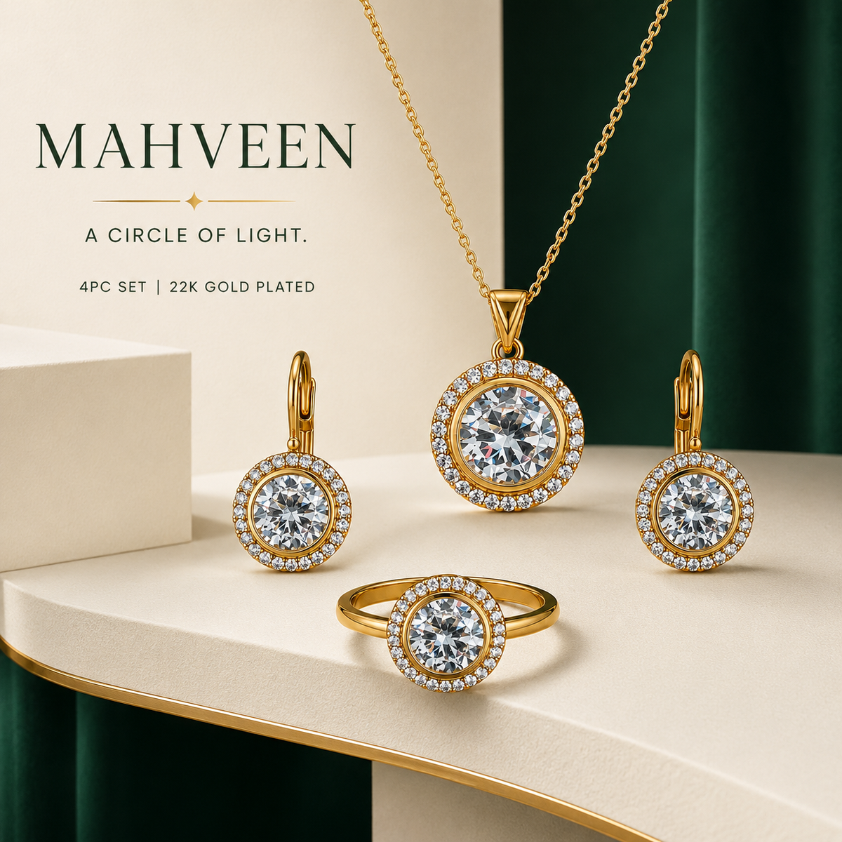 Mahveen Clear Crystal Round Halo | 4Pc Set | Imported