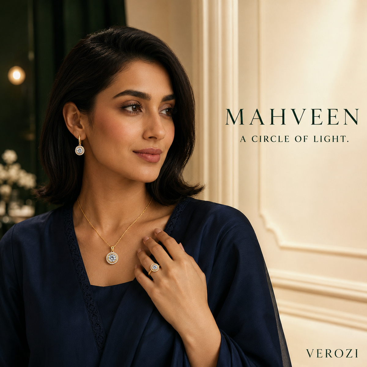 Mahveen Clear Crystal Round Halo | 4Pc Set | Imported