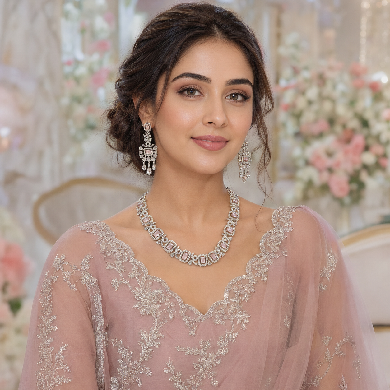 Roshanay | 3Pc Blush-Pink Crystal Necklace Set