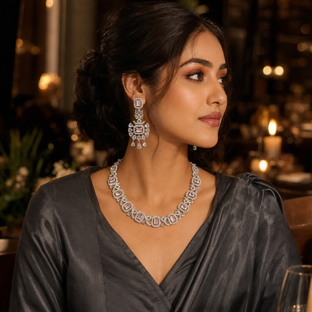 Roshanay | 3Pc Blush-Pink Crystal Necklace Set