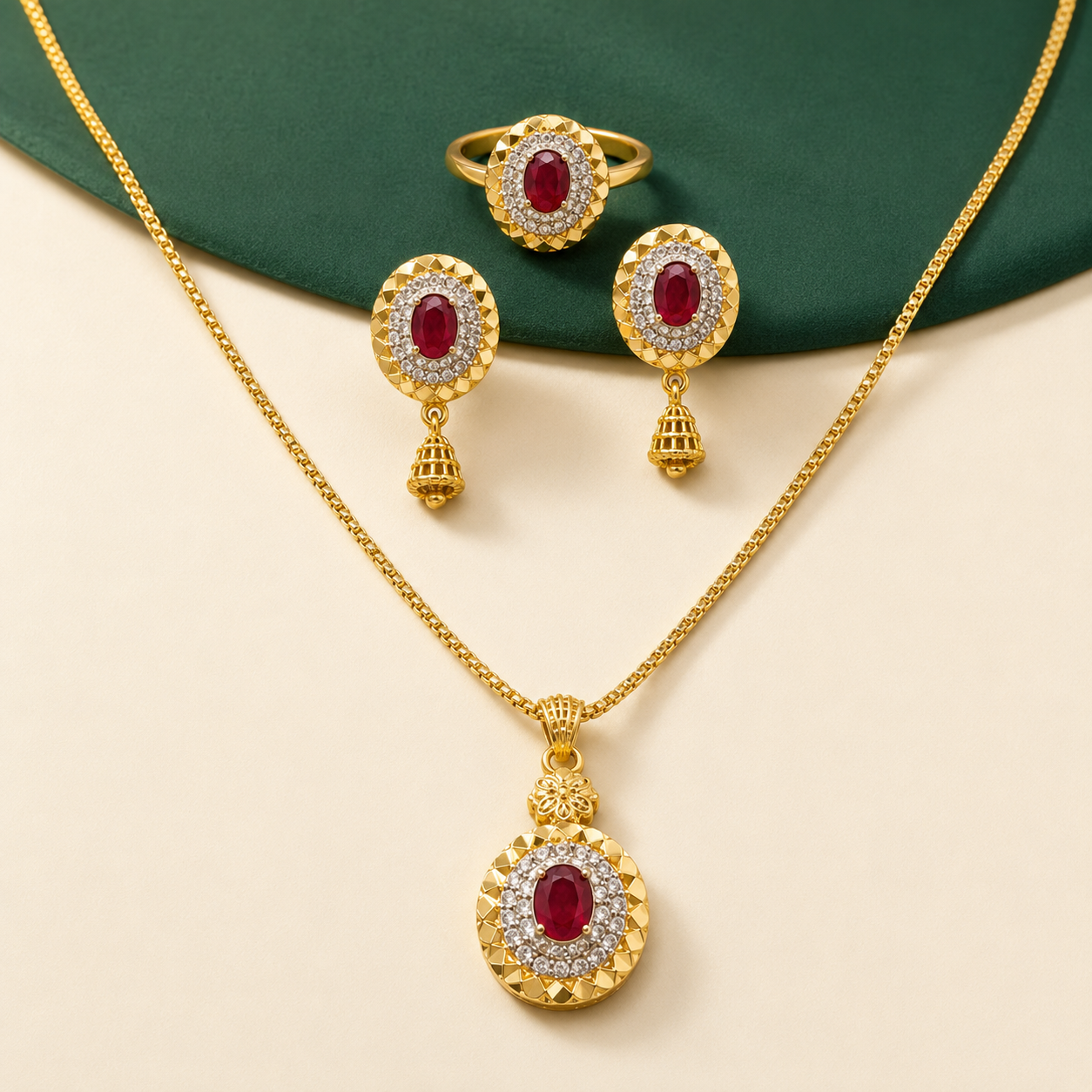 Gulnaar Ruby-Red Oval Halo | 4Pc Set | 22K Gold Plated