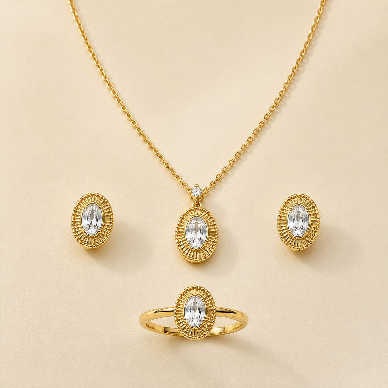 Noor Oval Crystal | 4Pc Set | 22K Gold Plated