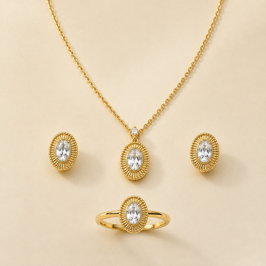 Noor Oval Crystal | 4Pc Set | 22K Gold Plated